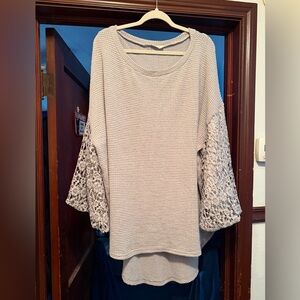 And The Why Gray Waffle Knit Top with Lace Sleeves